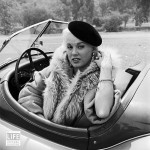Mamie Van Doren in a FUR Coat and beret, in her Jaguar, LIFE Magazine 1954
